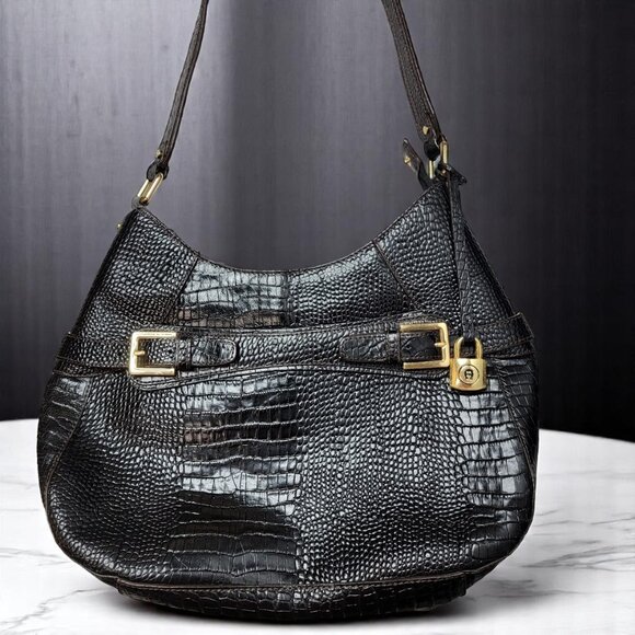 Vintage Etienne Aigner Black Embossed Leather Hobo Bag | Gold Buckle Accents - Picture 1 of 11